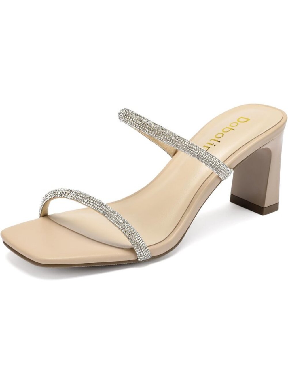 Women's Nude Rhinestone Square Toe Strap Slip On Block Heel Sandals